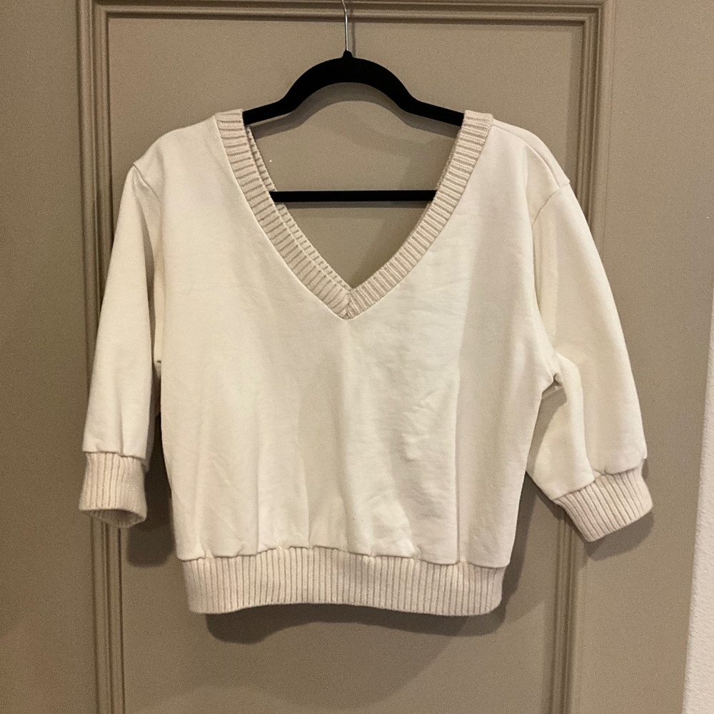 3.1 Phillip Lim Short Sleeve Cropped Sweatshirt V-Neck Cotton Wool Large